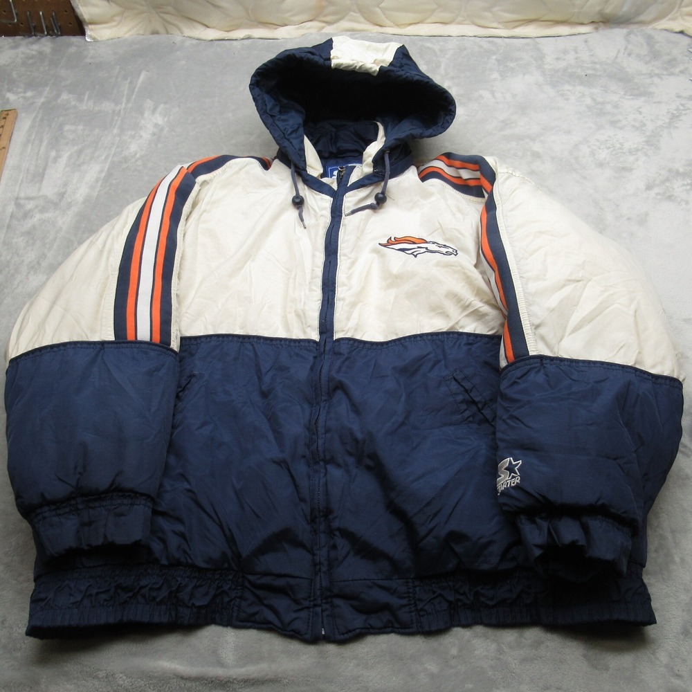 Denver Broncos Jacket Men Large Starter NFL Cream Blue Hooded Puffer VTG 90's